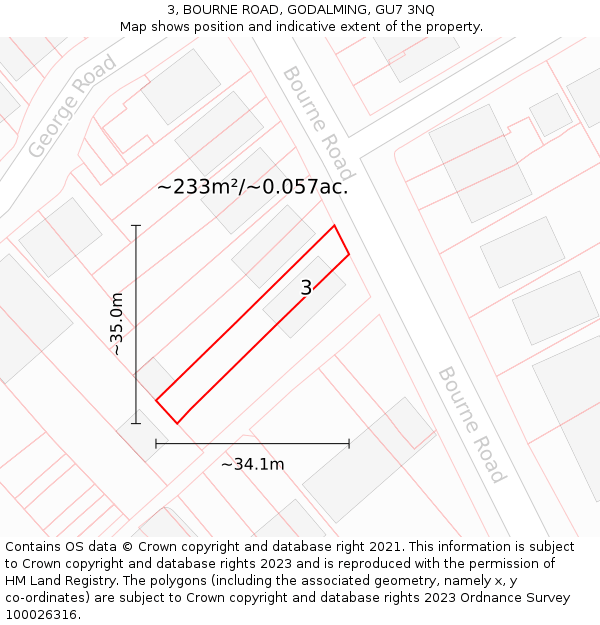 3, BOURNE ROAD, GODALMING, GU7 3NQ: Plot and title map