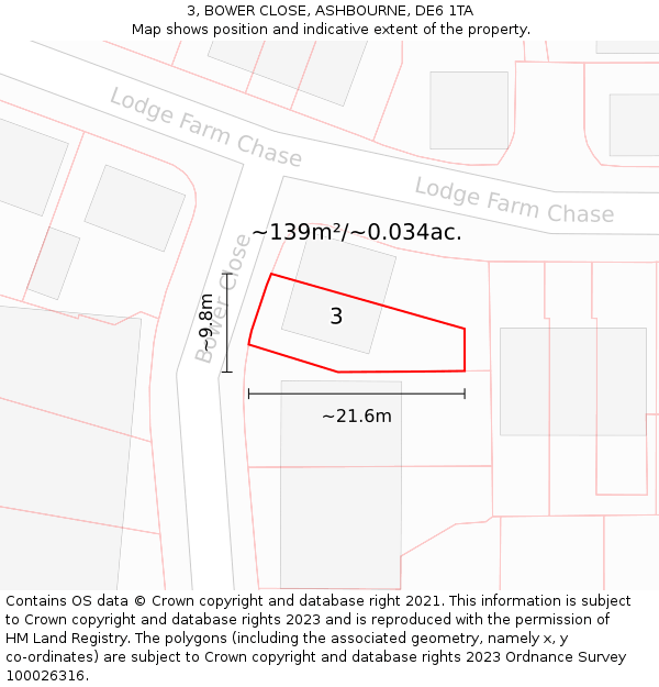 3, BOWER CLOSE, ASHBOURNE, DE6 1TA: Plot and title map