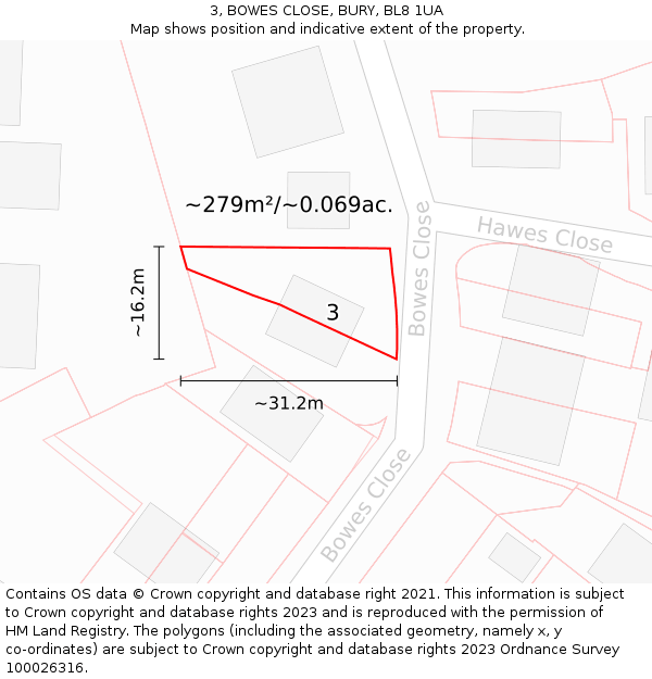 3, BOWES CLOSE, BURY, BL8 1UA: Plot and title map