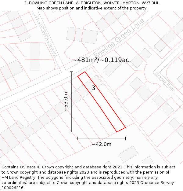 3, BOWLING GREEN LANE, ALBRIGHTON, WOLVERHAMPTON, WV7 3HL: Plot and title map