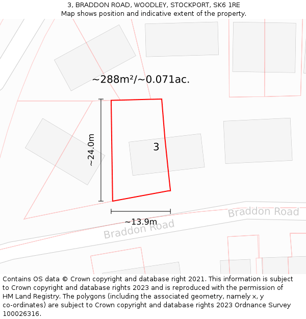 3, BRADDON ROAD, WOODLEY, STOCKPORT, SK6 1RE: Plot and title map