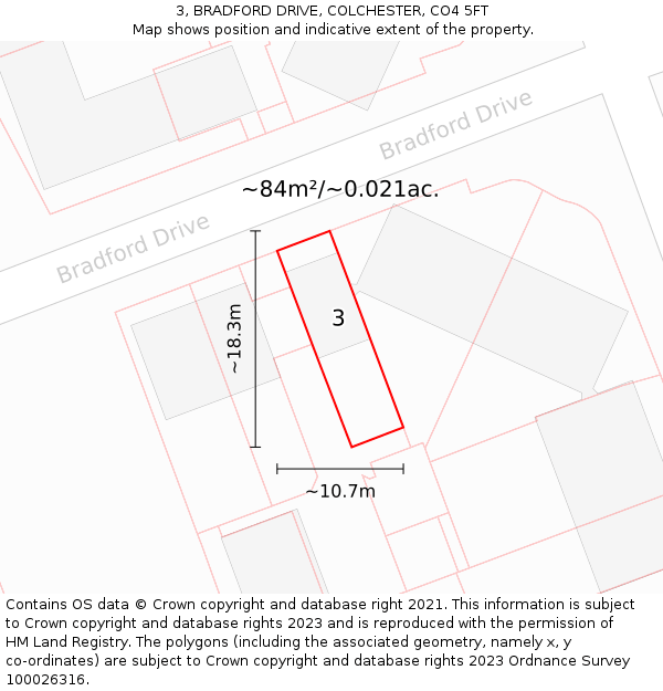 3, BRADFORD DRIVE, COLCHESTER, CO4 5FT: Plot and title map