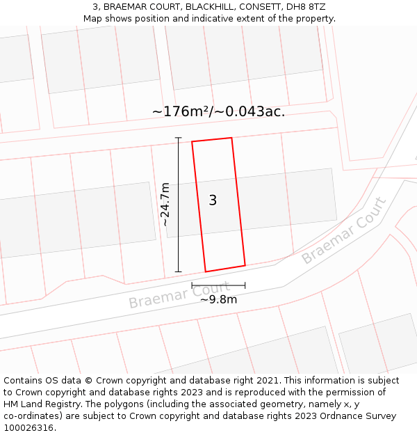 3, BRAEMAR COURT, BLACKHILL, CONSETT, DH8 8TZ: Plot and title map