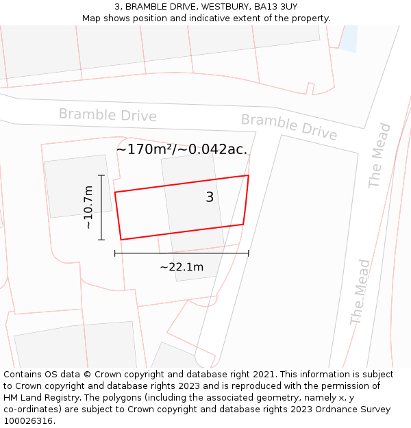 3, BRAMBLE DRIVE, WESTBURY, BA13 3UY: Plot and title map