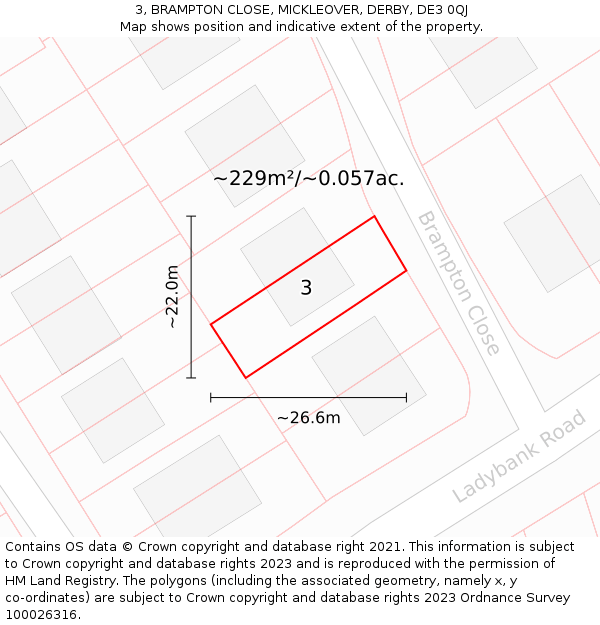 3, BRAMPTON CLOSE, MICKLEOVER, DERBY, DE3 0QJ: Plot and title map