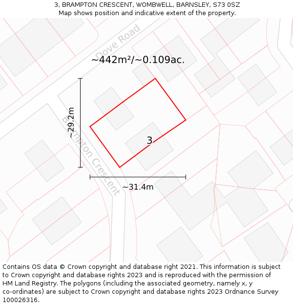 3, BRAMPTON CRESCENT, WOMBWELL, BARNSLEY, S73 0SZ: Plot and title map