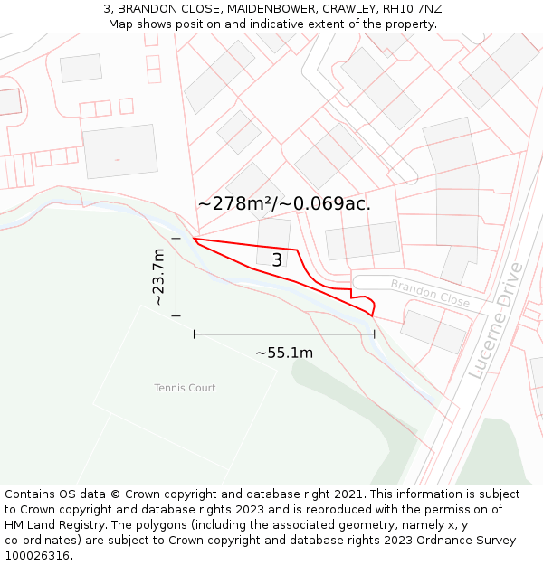 3, BRANDON CLOSE, MAIDENBOWER, CRAWLEY, RH10 7NZ: Plot and title map