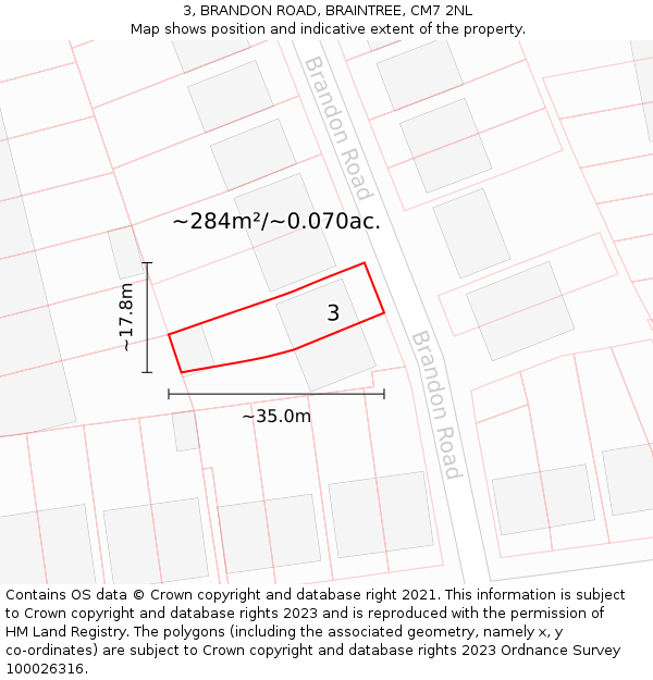 3, BRANDON ROAD, BRAINTREE, CM7 2NL: Plot and title map