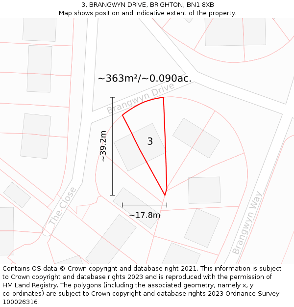 3, BRANGWYN DRIVE, BRIGHTON, BN1 8XB: Plot and title map