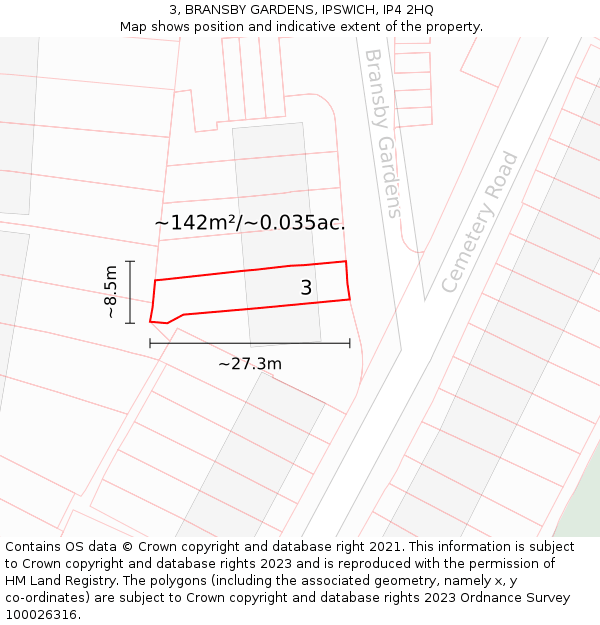 3, BRANSBY GARDENS, IPSWICH, IP4 2HQ: Plot and title map