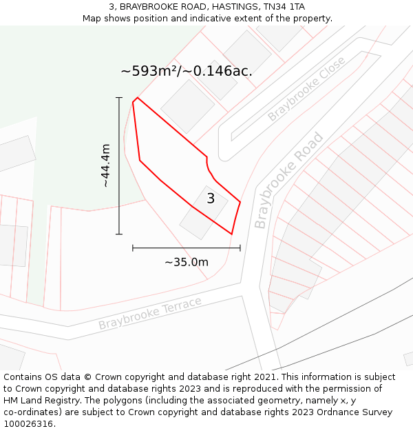 3, BRAYBROOKE ROAD, HASTINGS, TN34 1TA: Plot and title map