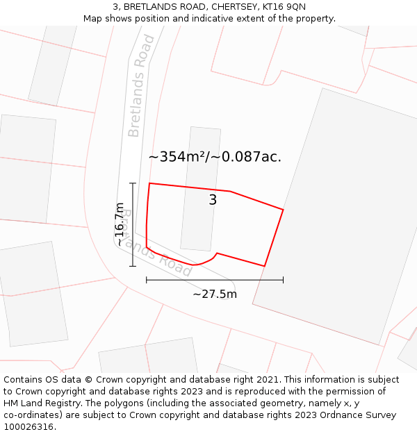 3, BRETLANDS ROAD, CHERTSEY, KT16 9QN: Plot and title map