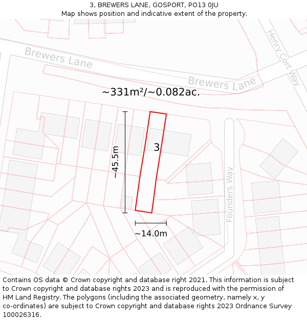 3, BREWERS LANE, GOSPORT, PO13 0JU: Plot and title map