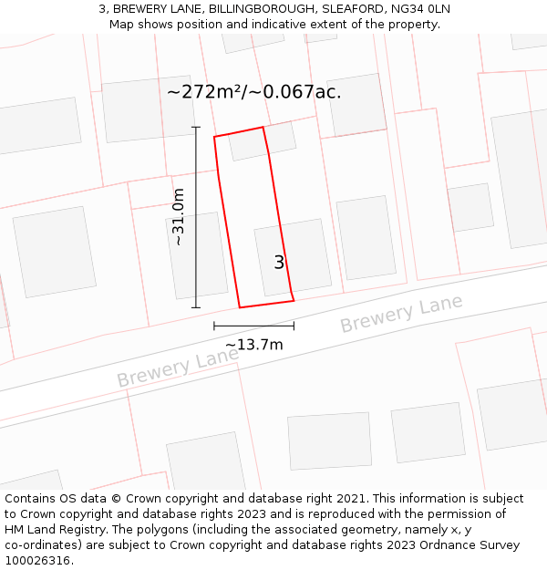 3, BREWERY LANE, BILLINGBOROUGH, SLEAFORD, NG34 0LN: Plot and title map