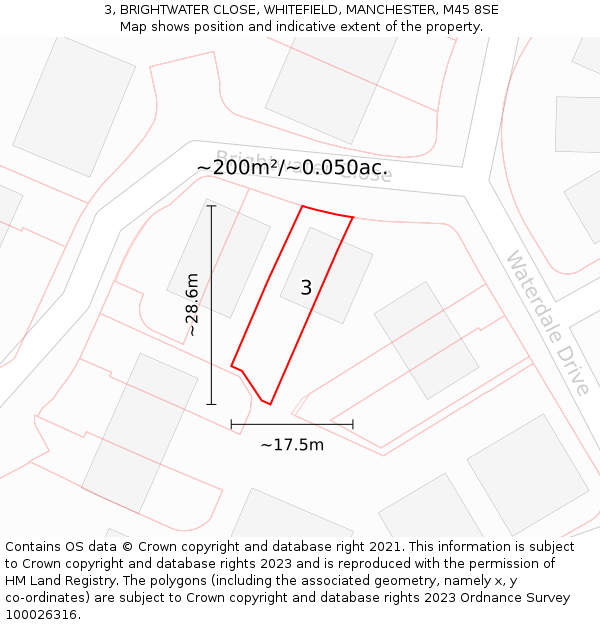 3, BRIGHTWATER CLOSE, WHITEFIELD, MANCHESTER, M45 8SE: Plot and title map