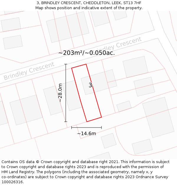 3, BRINDLEY CRESCENT, CHEDDLETON, LEEK, ST13 7HF: Plot and title map