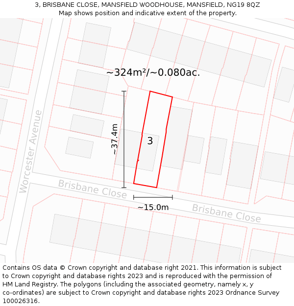 3, BRISBANE CLOSE, MANSFIELD WOODHOUSE, MANSFIELD, NG19 8QZ: Plot and title map