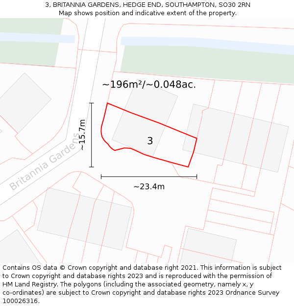 3, BRITANNIA GARDENS, HEDGE END, SOUTHAMPTON, SO30 2RN: Plot and title map