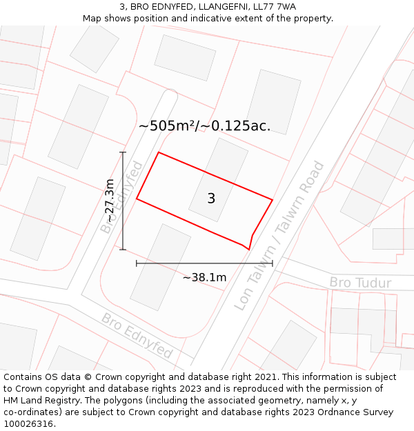 3, BRO EDNYFED, LLANGEFNI, LL77 7WA: Plot and title map