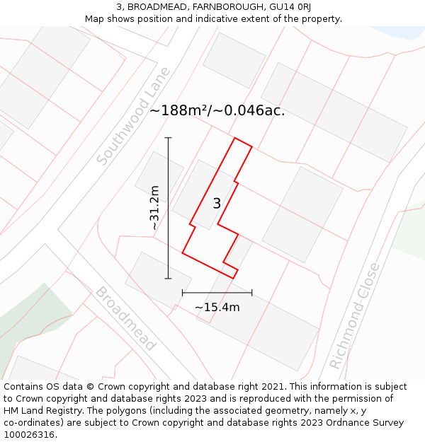 3, BROADMEAD, FARNBOROUGH, GU14 0RJ: Plot and title map