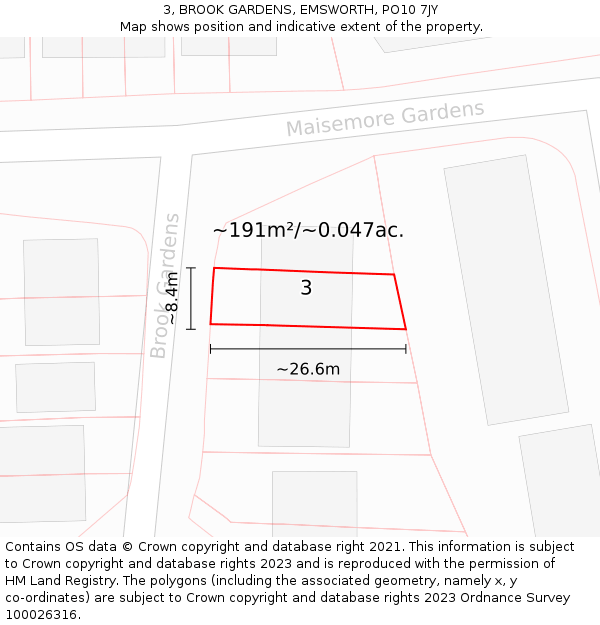 3, BROOK GARDENS, EMSWORTH, PO10 7JY: Plot and title map