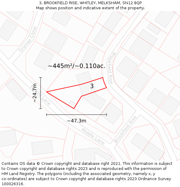 3, BROOKFIELD RISE, WHITLEY, MELKSHAM, SN12 8QP: Plot and title map