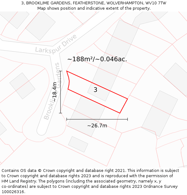 3, BROOKLIME GARDENS, FEATHERSTONE, WOLVERHAMPTON, WV10 7TW: Plot and title map