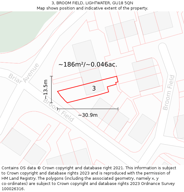 3, BROOM FIELD, LIGHTWATER, GU18 5QN: Plot and title map