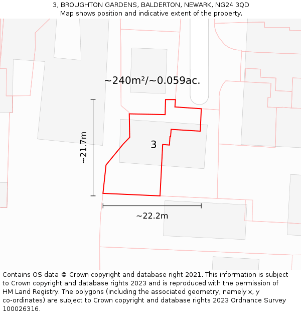 3, BROUGHTON GARDENS, BALDERTON, NEWARK, NG24 3QD: Plot and title map