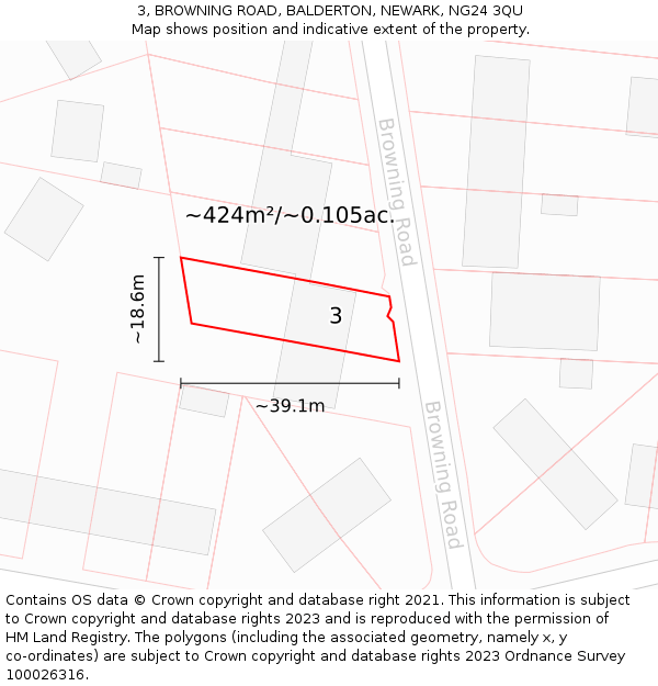 3, BROWNING ROAD, BALDERTON, NEWARK, NG24 3QU: Plot and title map