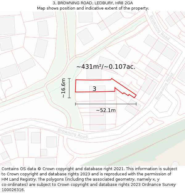 3, BROWNING ROAD, LEDBURY, HR8 2GA: Plot and title map