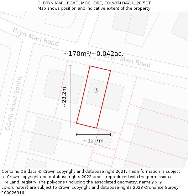 3, BRYN MARL ROAD, MOCHDRE, COLWYN BAY, LL28 5DT: Plot and title map