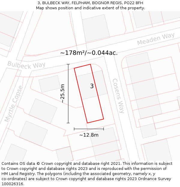 3, BULBECK WAY, FELPHAM, BOGNOR REGIS, PO22 8FH: Plot and title map