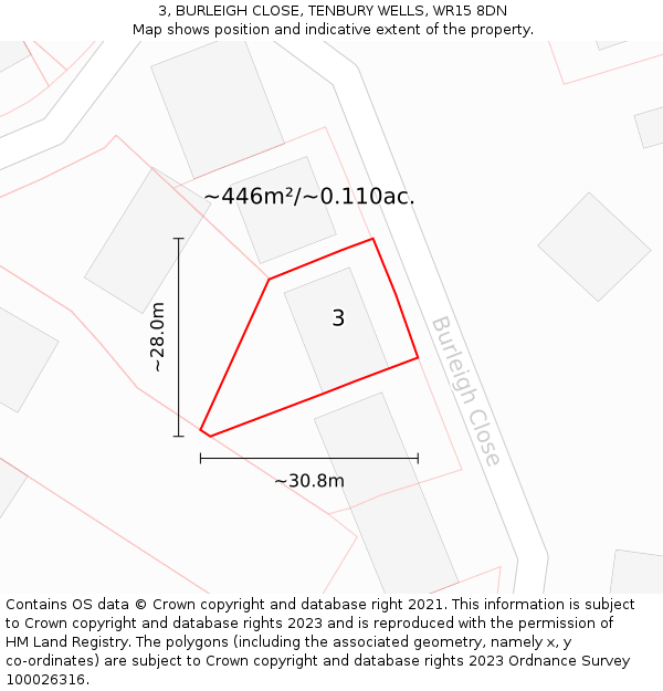 3, BURLEIGH CLOSE, TENBURY WELLS, WR15 8DN: Plot and title map