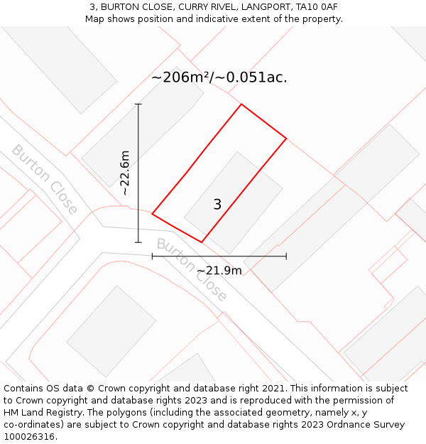 3, BURTON CLOSE, CURRY RIVEL, LANGPORT, TA10 0AF: Plot and title map