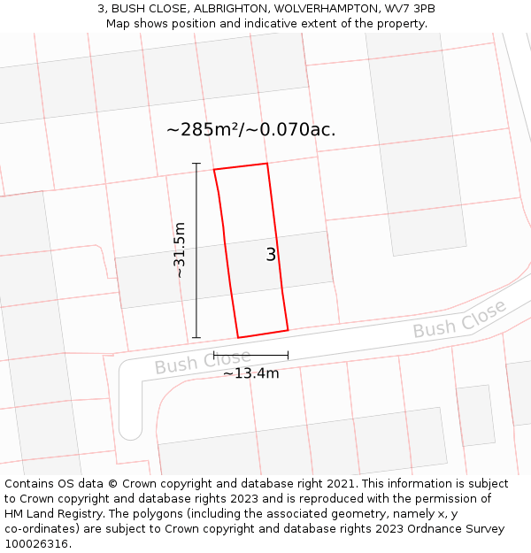 3, BUSH CLOSE, ALBRIGHTON, WOLVERHAMPTON, WV7 3PB: Plot and title map