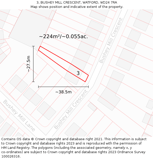 3, BUSHEY MILL CRESCENT, WATFORD, WD24 7RA: Plot and title map