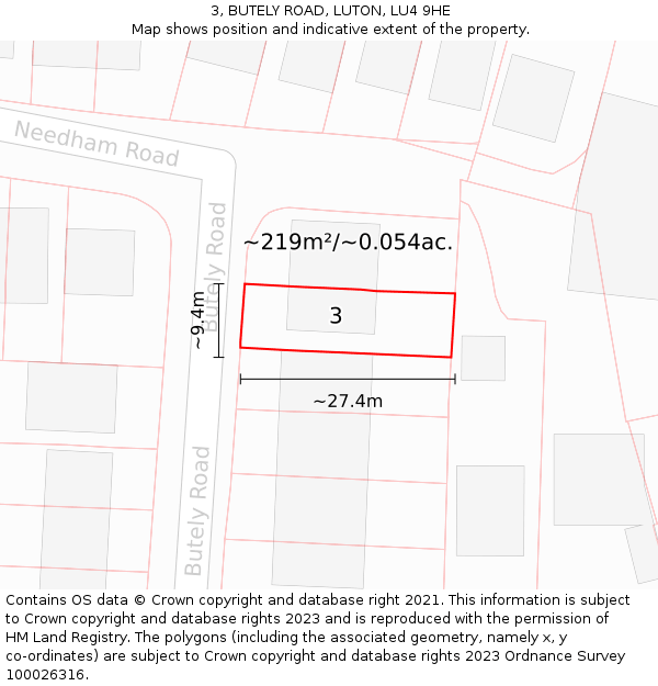 3, BUTELY ROAD, LUTON, LU4 9HE: Plot and title map