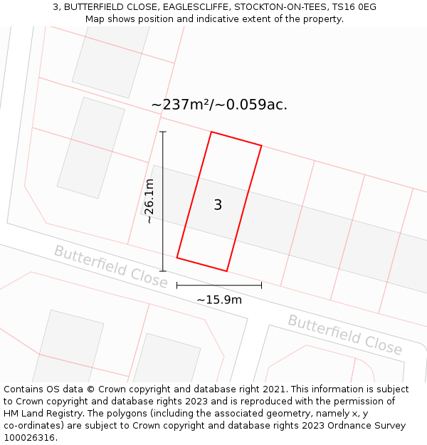 3, BUTTERFIELD CLOSE, EAGLESCLIFFE, STOCKTON-ON-TEES, TS16 0EG: Plot and title map