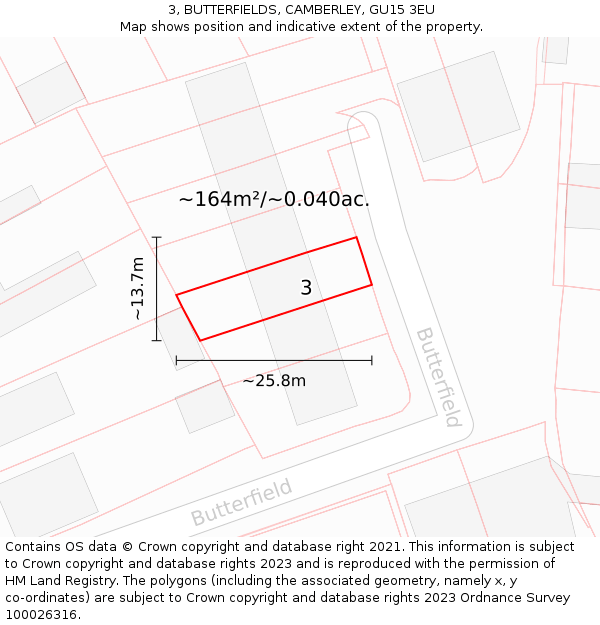 3, BUTTERFIELDS, CAMBERLEY, GU15 3EU: Plot and title map