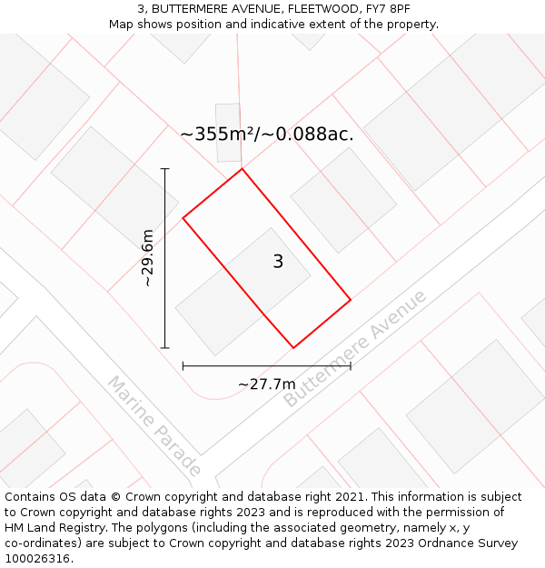 3, BUTTERMERE AVENUE, FLEETWOOD, FY7 8PF: Plot and title map