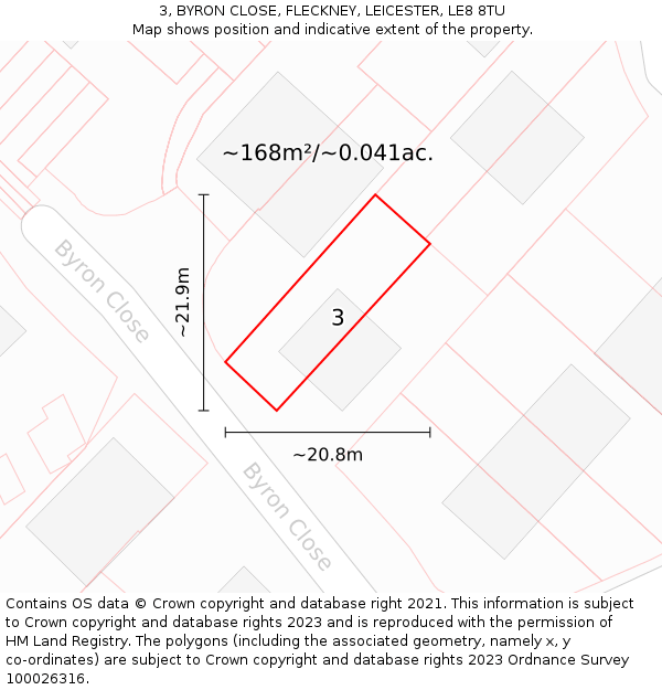 3, BYRON CLOSE, FLECKNEY, LEICESTER, LE8 8TU: Plot and title map