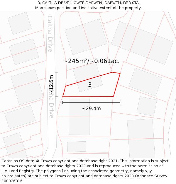 3, CALTHA DRIVE, LOWER DARWEN, DARWEN, BB3 0TA: Plot and title map