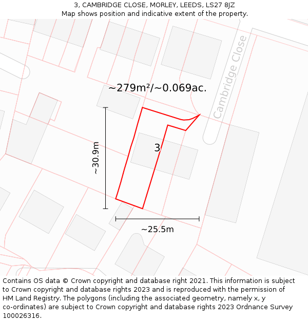 3, CAMBRIDGE CLOSE, MORLEY, LEEDS, LS27 8JZ: Plot and title map