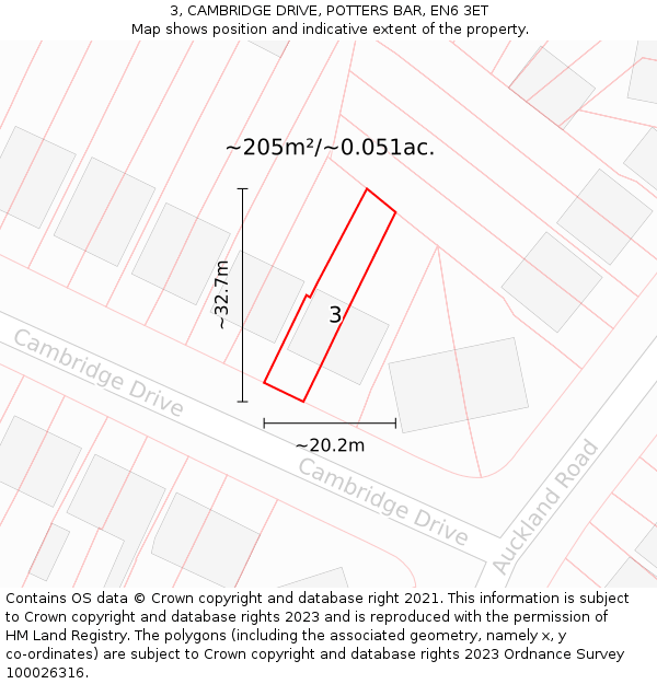 3, CAMBRIDGE DRIVE, POTTERS BAR, EN6 3ET: Plot and title map