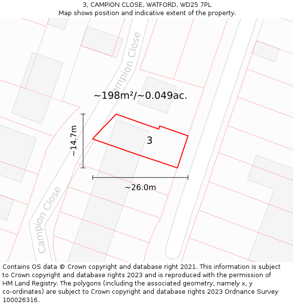 3, CAMPION CLOSE, WATFORD, WD25 7PL: Plot and title map