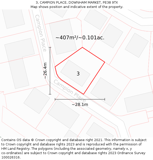 3, CAMPION PLACE, DOWNHAM MARKET, PE38 9TX: Plot and title map