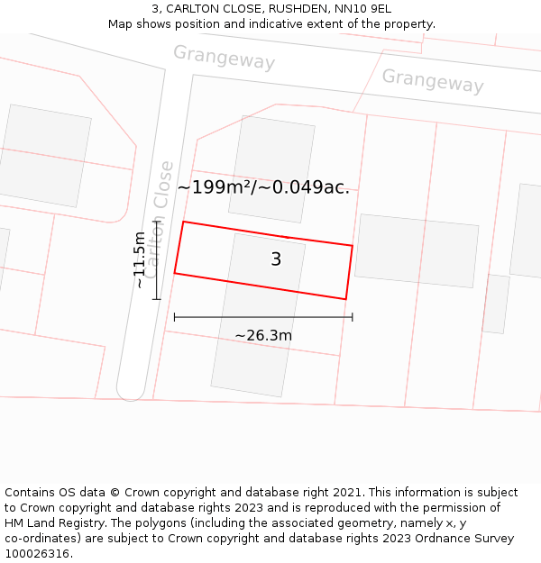 3, CARLTON CLOSE, RUSHDEN, NN10 9EL: Plot and title map