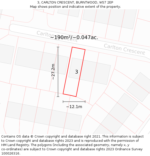 3, CARLTON CRESCENT, BURNTWOOD, WS7 2EP: Plot and title map