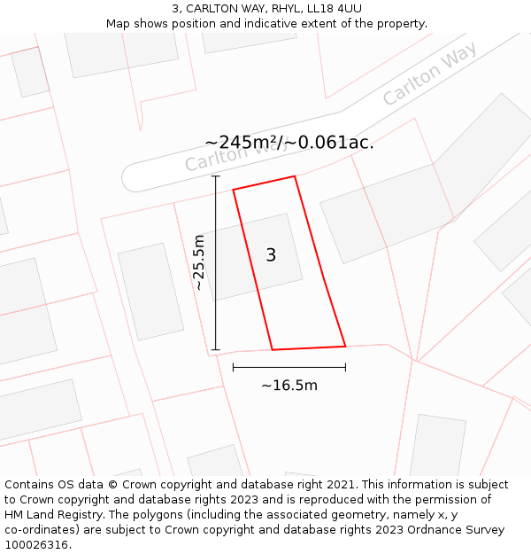 3, CARLTON WAY, RHYL, LL18 4UU: Plot and title map